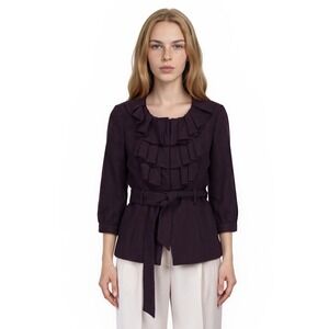 Tabitha Anthropologie Jacket Womens Size 8 Purple Ruffle Front Belted Wool Blend